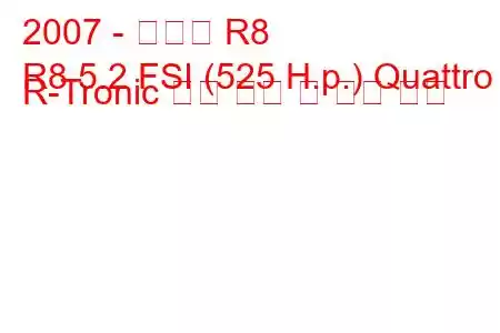 2007 - 아우디 R8
R8 5.2 FSI (525 H.p.) Quattro R-Tronic 연료 소비 및 기술 사양