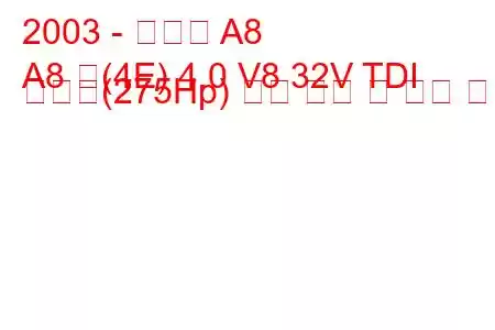 2003 - 아우디 A8
A8 롱(4E) 4.0 V8 32V TDI 콰트로(275Hp) 연료 소비 및 기술 사양